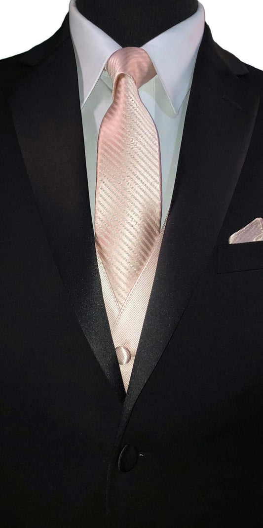 close-up Black tuxedo with a petal necktie with subtle stripe and matching pocket square.