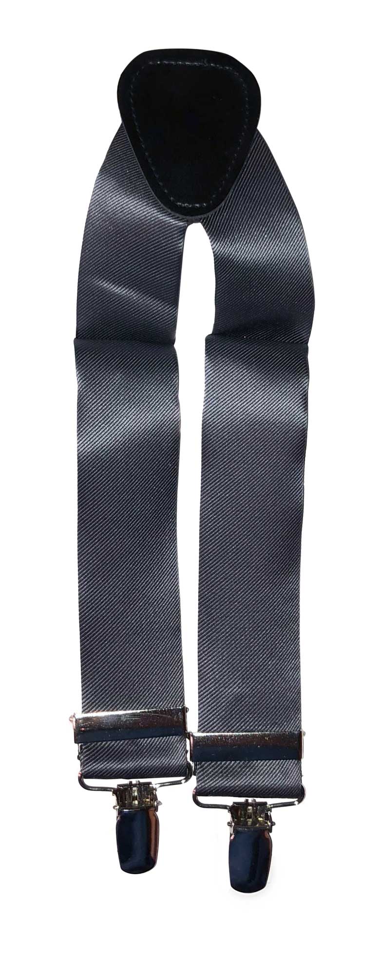 Charcoal satin suspenders with clips on a white background