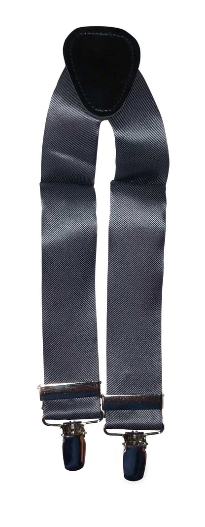 Charcoal satin suspenders with clips on a white background