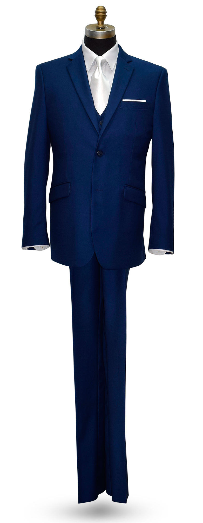 life size mannequin wearing an indigo blue 3 pice mens suit with a long white necktie against a white background