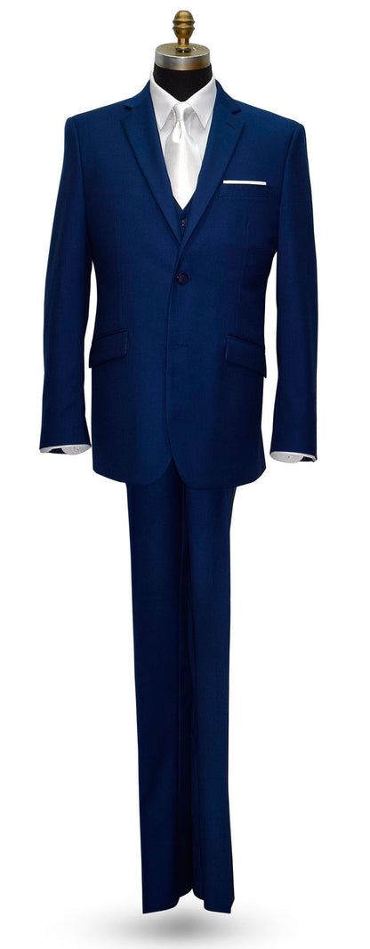 life size mannequin wearing an indigo blue 3 pice mens suit with a long white necktie against a white background