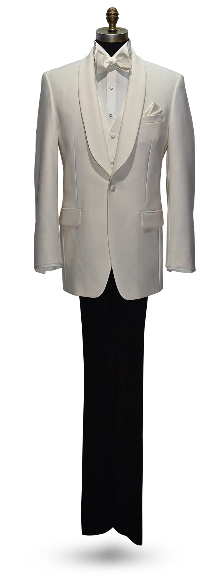 life size mannequin wearing ivory shawl collar tuxedo with ivory vest and ivory "tie-yourself" bowtie against a white background 