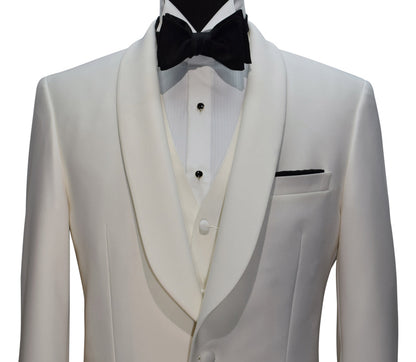 close-up mannequin wearing ivory shawl collar tuxedo with ivory vest and black "tie-yourself" bowtie against a white background 
