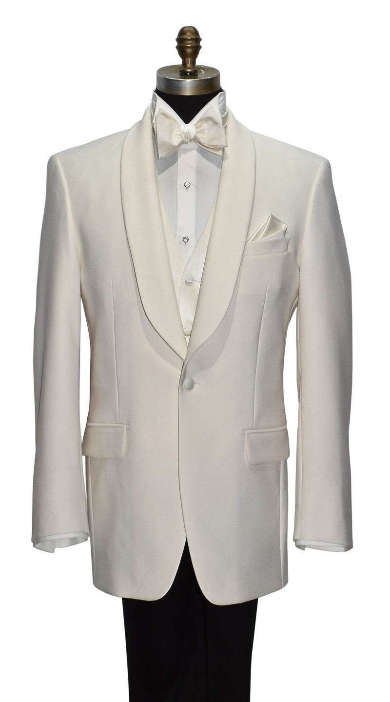 ivory shawl collar tuxedo with ivory vest and ivory "tie-yourself" bowtie against a white background
