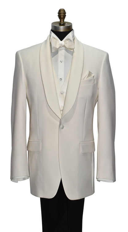 ivory shawl collar tuxedo with ivory vest and ivory "tie-yourself" bowtie against a white background