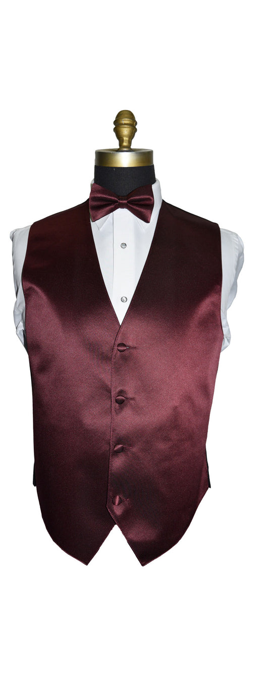 Merlot vest on a mannequin with a white shirt and merlot bow tie against a white background