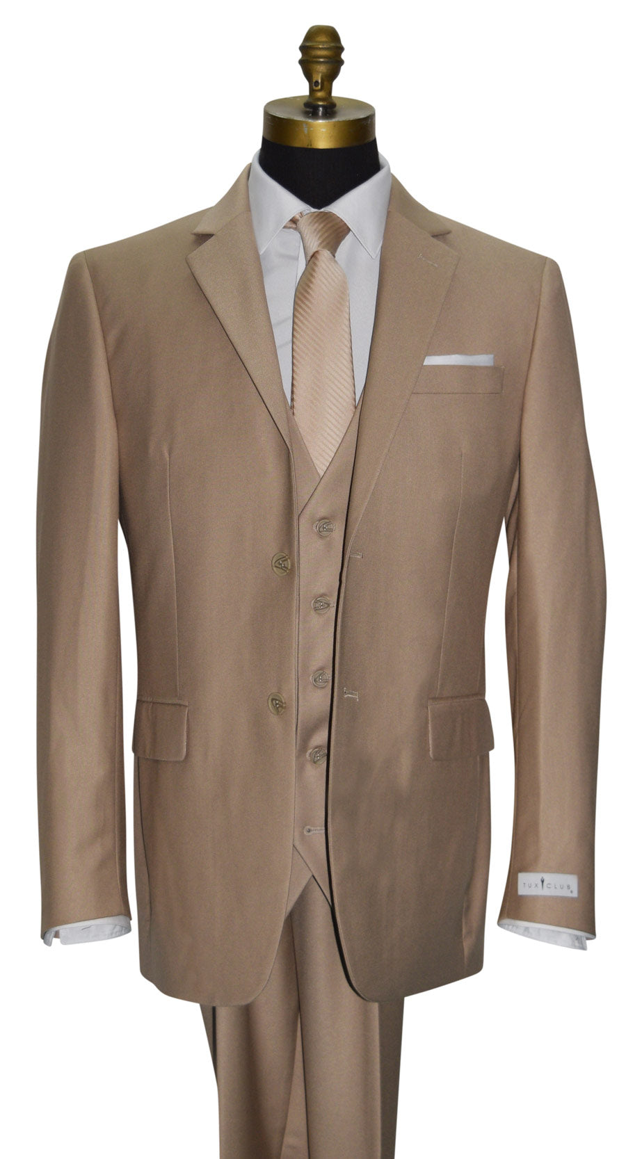 close-up mens tan 3-piece tan suit with tan vest and champagne necktie and white pocket handkerchief against a white background