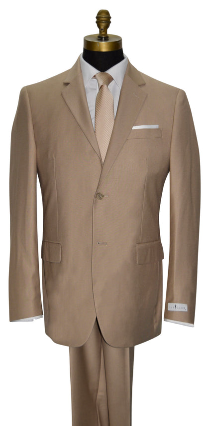 mannequin wearing a mens tan suit with a white shirt and a champagne colored necktie against a white background 