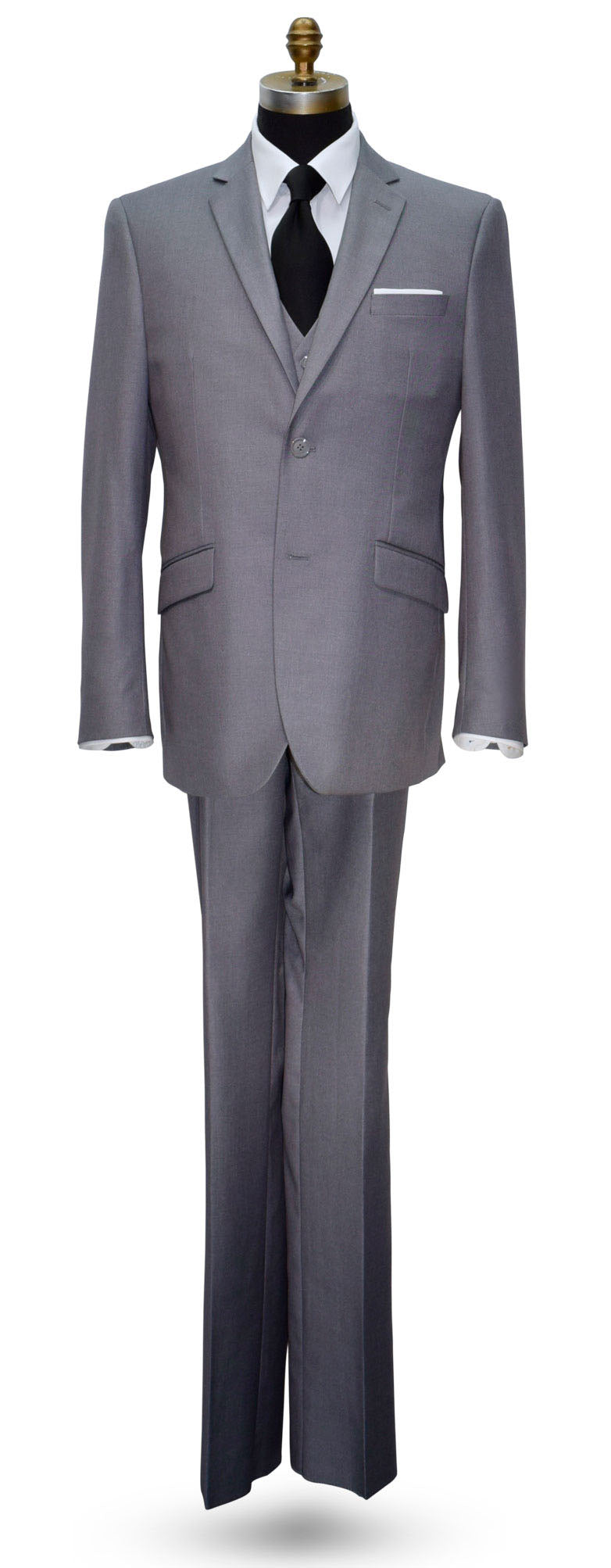 life size mannequin wearing a medium gray 3 piece suit with a long black necktie against a white background