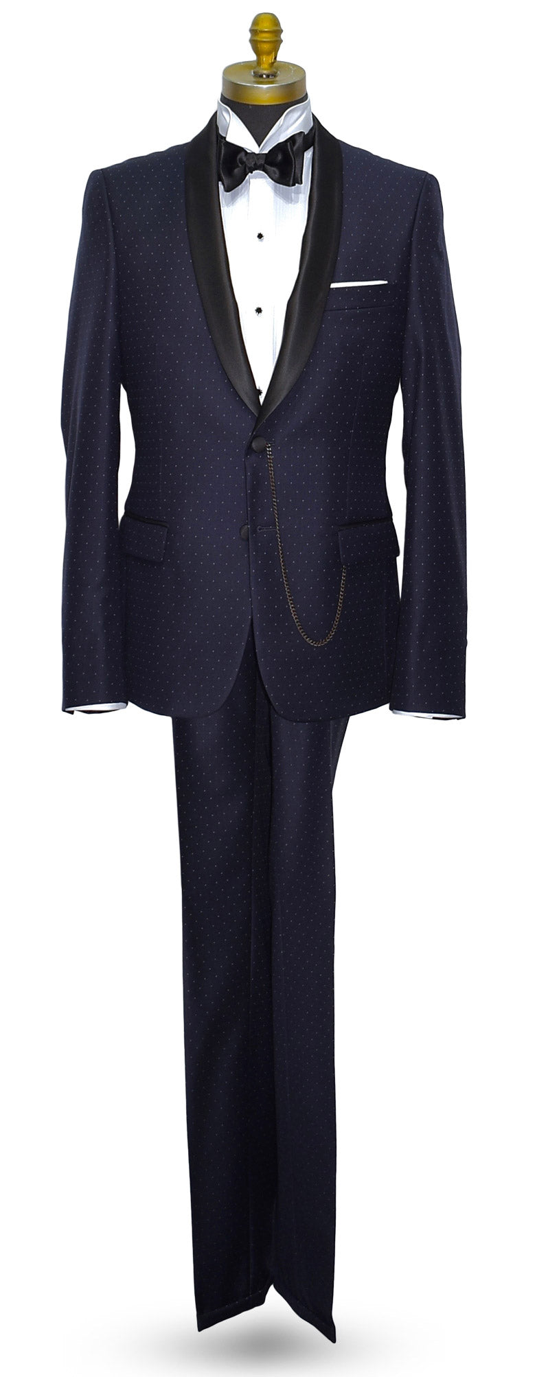 Navy-blue shawl collar tuxedo with a black bowtie on a mannequin against a white background