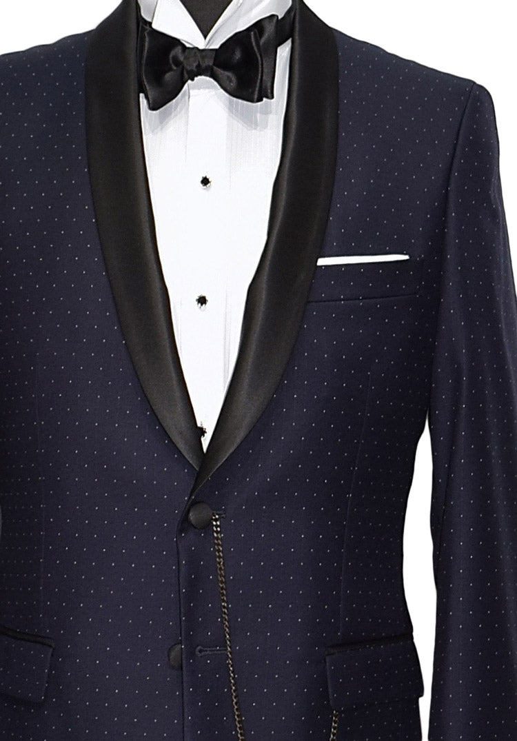 close-up Navy blue shawl collar tuxedo with black lapels and bow tie on a white background