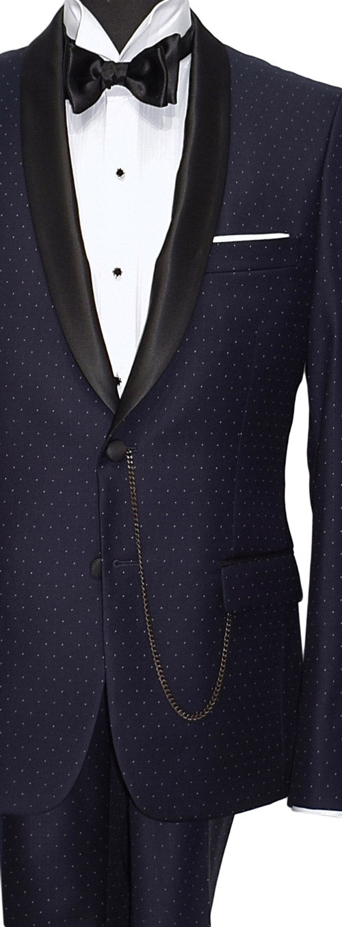 Navy blue shawl collar tuxedo with small white dots wearing a black bow tie on a white background