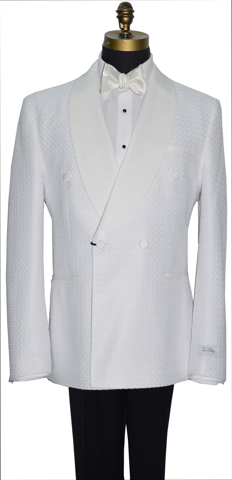 close-up off-white double breasted tuxedo jacket on a mannequin with a off-white bow tie against a white background