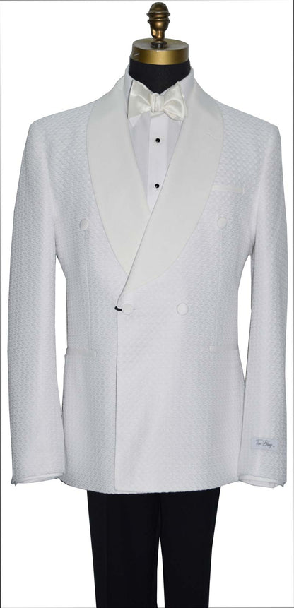 close-up off-white double breasted tuxedo jacket on a mannequin with a off-white bow tie against a white background