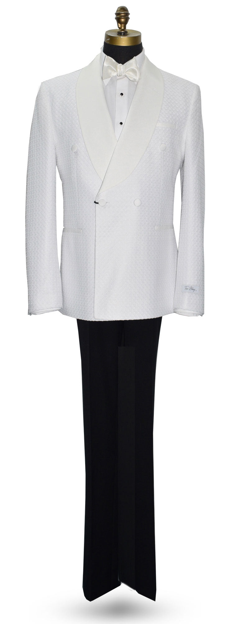 life size mannequin wearing off-white double breasted tuxedo jacket on a mannequin with a off-white bow tie against a white background