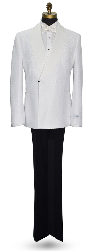 life size mannequin wearing off-white double breasted tuxedo jacket on a mannequin with a off-white bow tie against a white background
