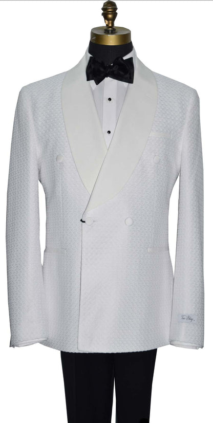 close-up off-white double breasted tuxedo jacket on a mannequin with a black bow tie against a white background