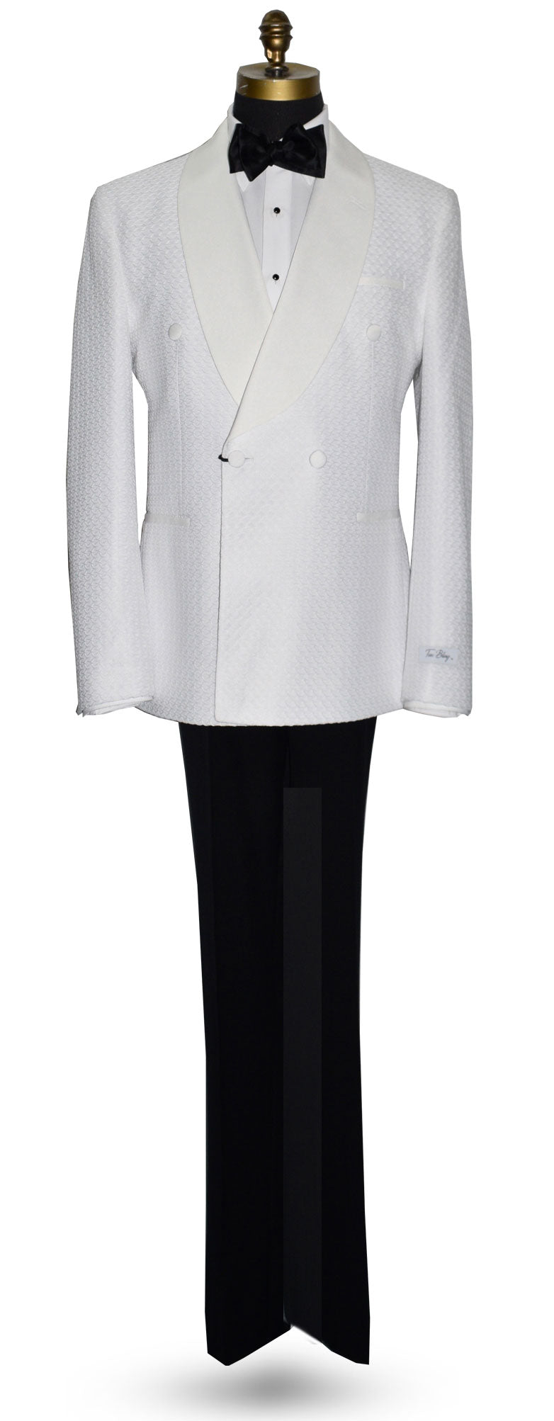 life size mannequin wearing off-white double breasted tuxedo jacket on a mannequin with a black bow tie against a white background