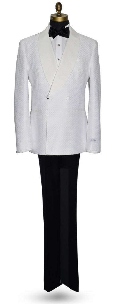 life size mannequin wearing off-white double breasted tuxedo jacket on a mannequin with a black bow tie against a white background