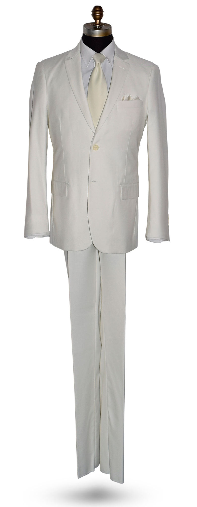 life size mannequin wearing an Off-White Men's 2  Piece Suit with a ivory colored necktie