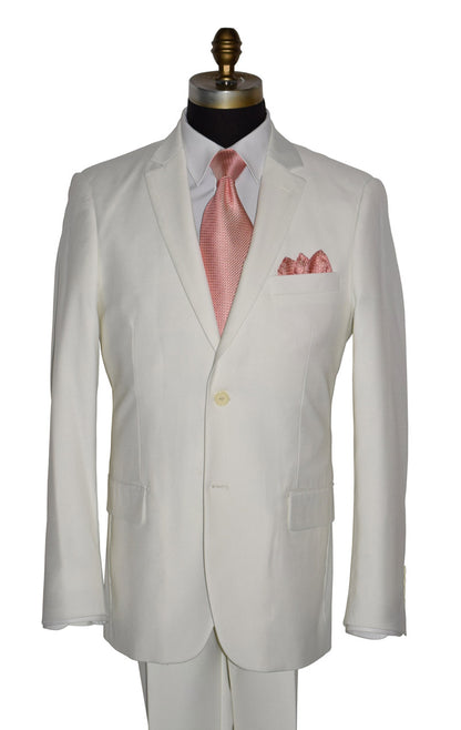 close-up mannequin wearing an Off-White Men's 2  Piece Suit with a coral colored necktie and pocket handkerchief against a white background