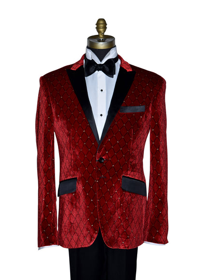 Red velvet tuxedo jacket with black lapels and trim on a mannequin against a white background.