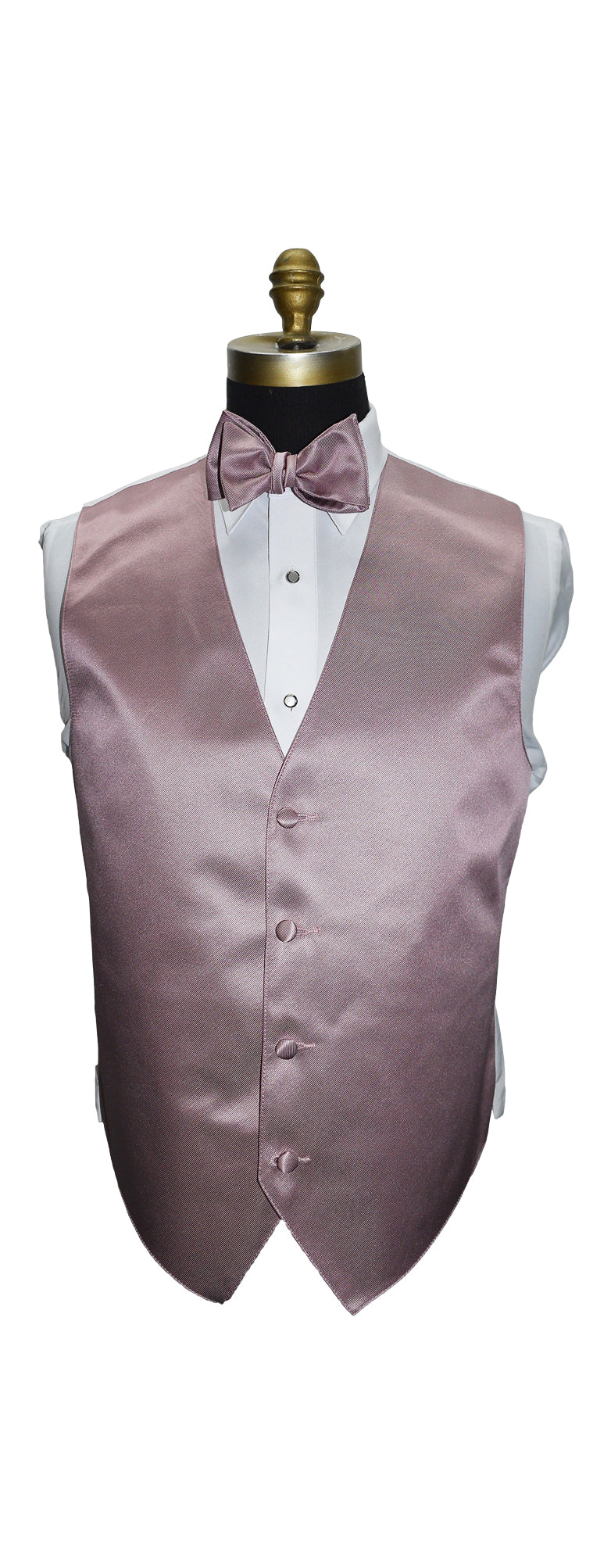 mannequin wearing a quartz tuxedo vest and a quartz "self-tie" bowtie against a white background