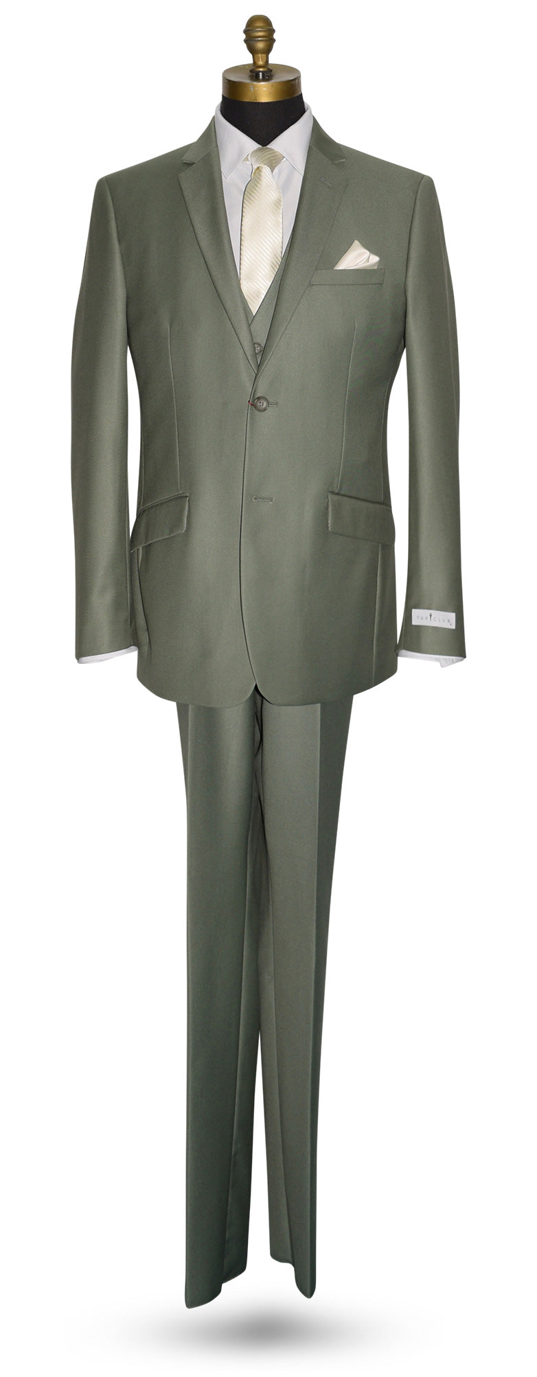 Life size mannequin wearing a sage colored men's 3 piece suit with an ivory necktie against a white background