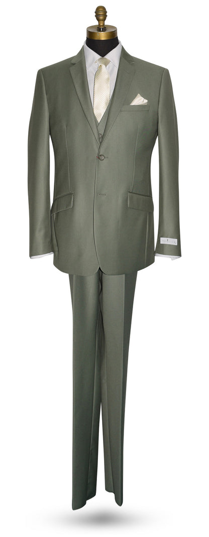 Life size mannequin wearing a sage colored men's 3 piece suit with an ivory necktie against a white background