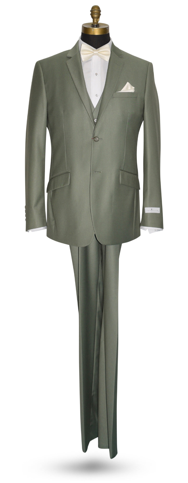 Life size mannequin wearing a sage colored men's 3 piece suit with an ivory bowtie against a white background