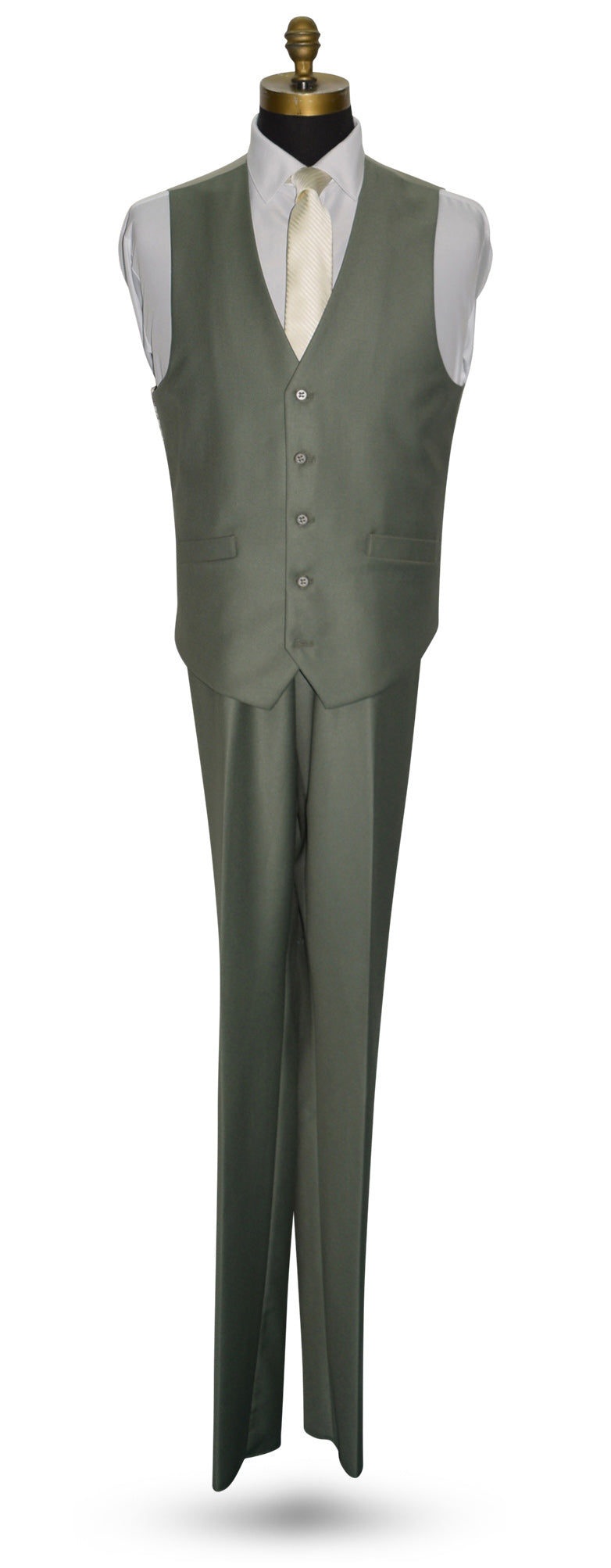 Sage green vest and pants set on a mannequin against a white background