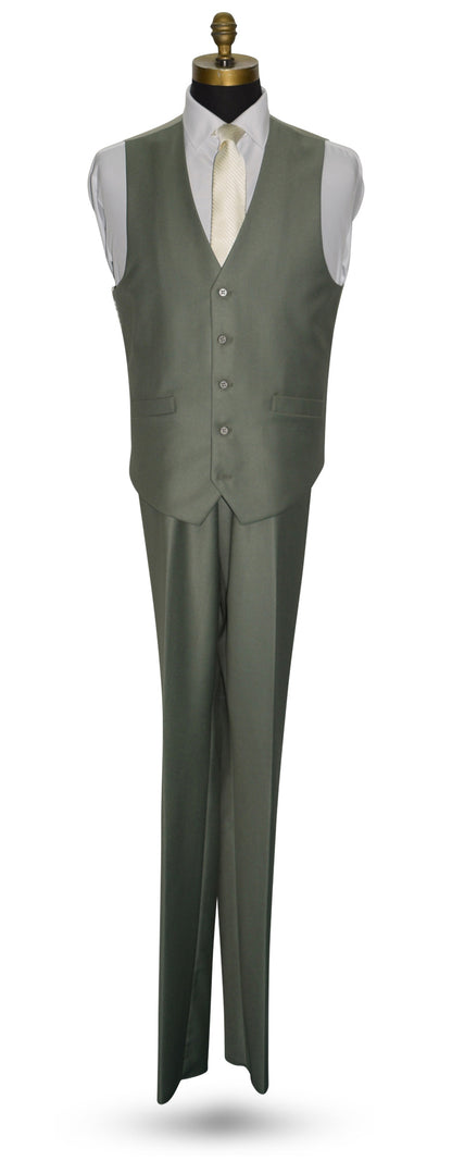 Sage green vest and pants set on a mannequin against a white background