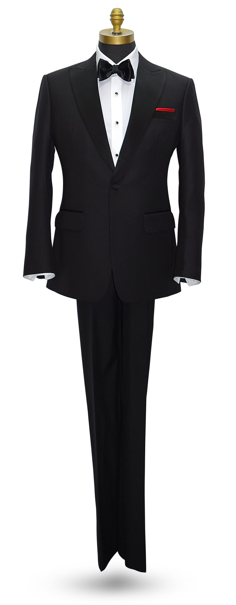 Black peak lapel tuxedo with white shirt and bow tie on a mannequin against a white background