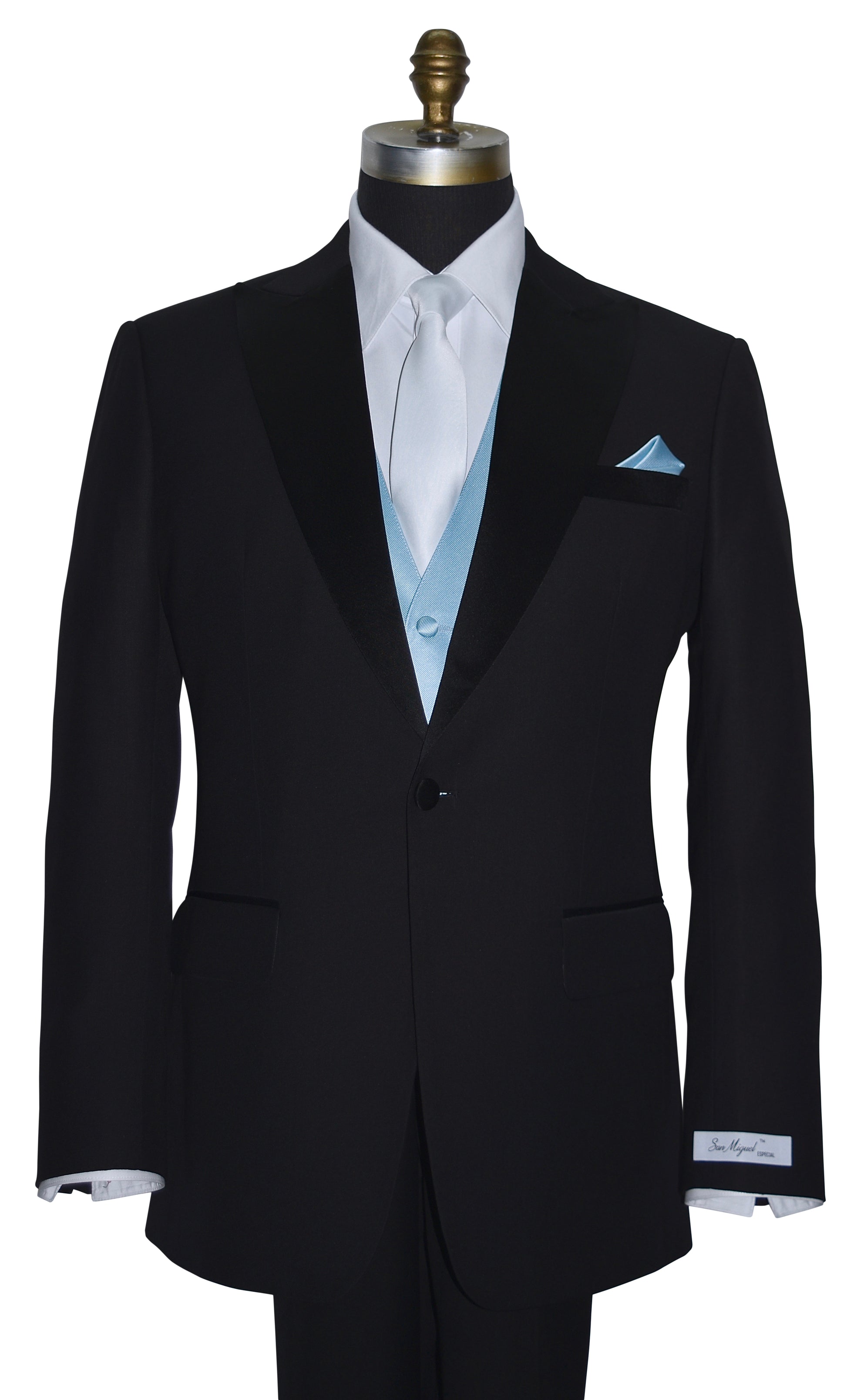 Black peak lapel tuxedo with white shirt and white necktie and  baby-blue vest on a mannequin against a white background