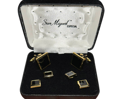 onyx square cufflinks and studs with gold setting in a black San Miguel Especial branded box