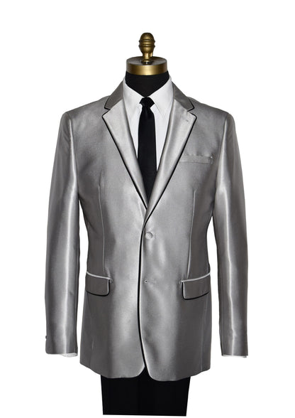 close-up mannequin wearing a silver Versace suit coat with black pants and a black necktie against a white background