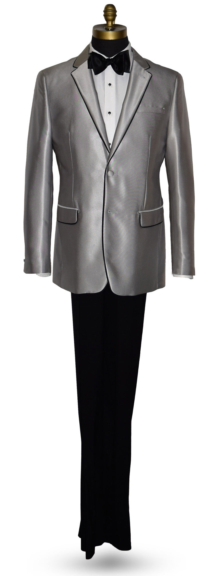 life size mannequin wearing a silver Versace suit coat and a black satin bowtie with black pants against a white background