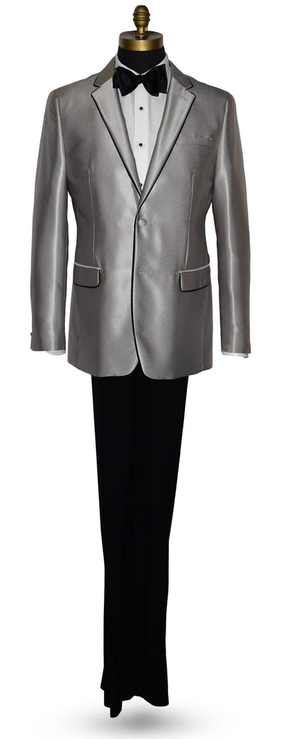life size mannequin wearing a silver Versace suit coat and a black satin bowtie with black pants against a white background