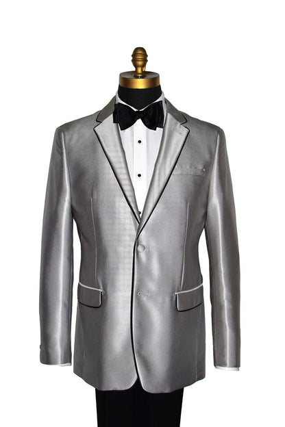 close-up life size mannequin wearing a silver Versace suit coat and a black satin bowtie with black pants against a white background