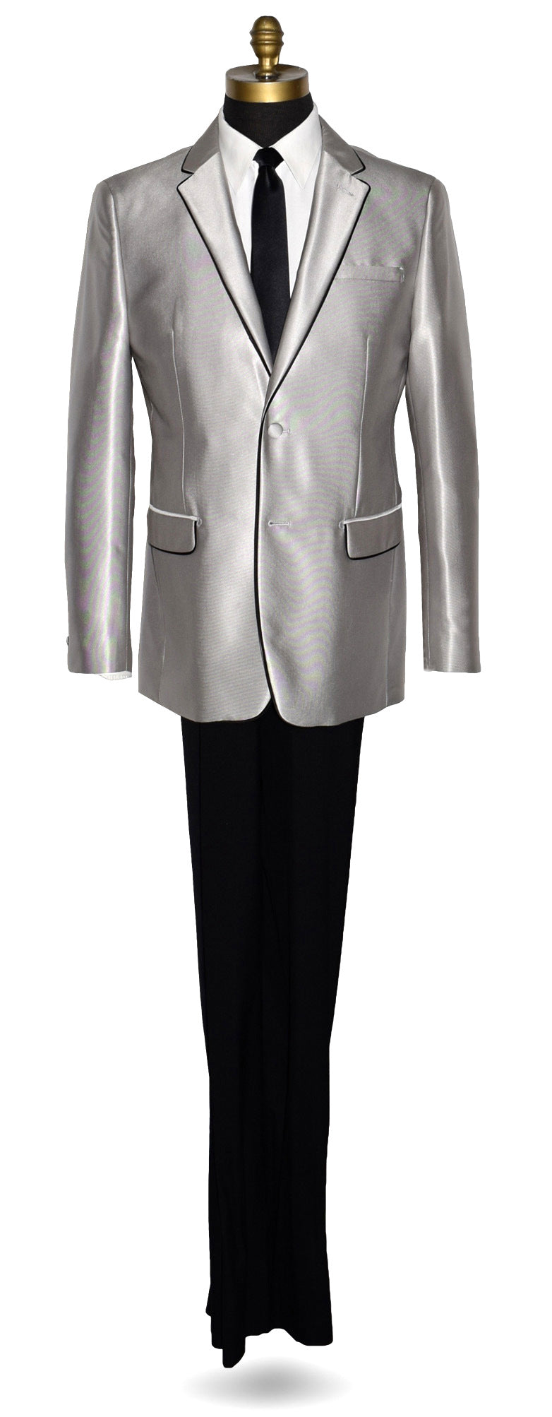life size mannequin wearing a silver Versace suit coat with black pants and a black necktie against a white background