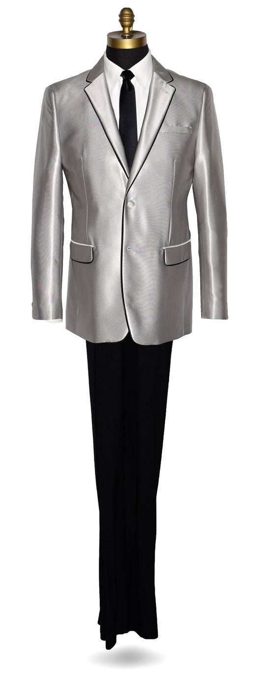 life size mannequin wearing a silver Versace suit coat with black pants and a black necktie against a white background