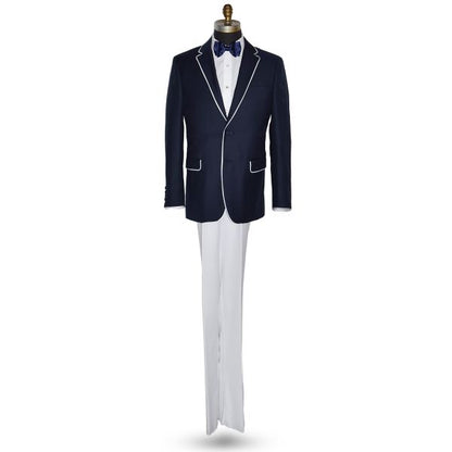 Versace Navy Suit coat with white pants and a navy blue bowtie against a white background