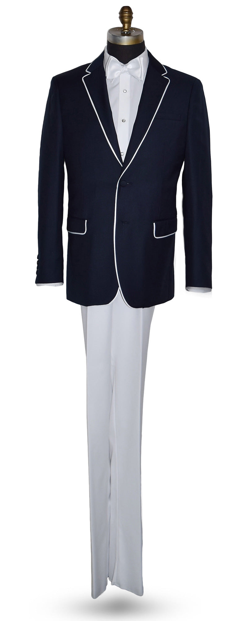 Mannequin wearing a Versace navy suit with white pants and a white bowtie against a white background