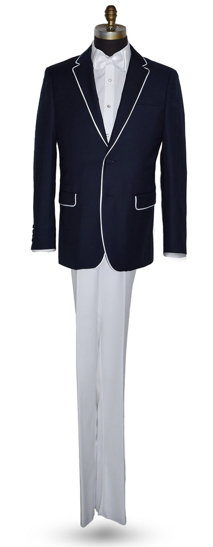 Mannequin wearing a Versace navy suit with white pants and a white bowtie against a white background