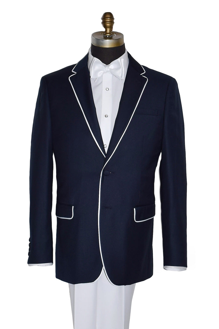 Navy tuxedo with white trim on a mannequin against a white background
