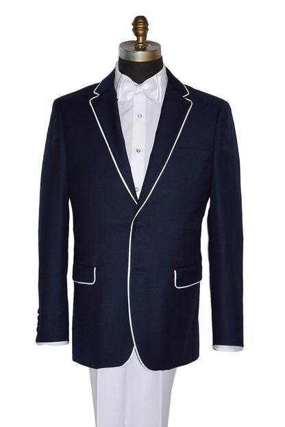 Navy tuxedo with white trim on a mannequin against a white background