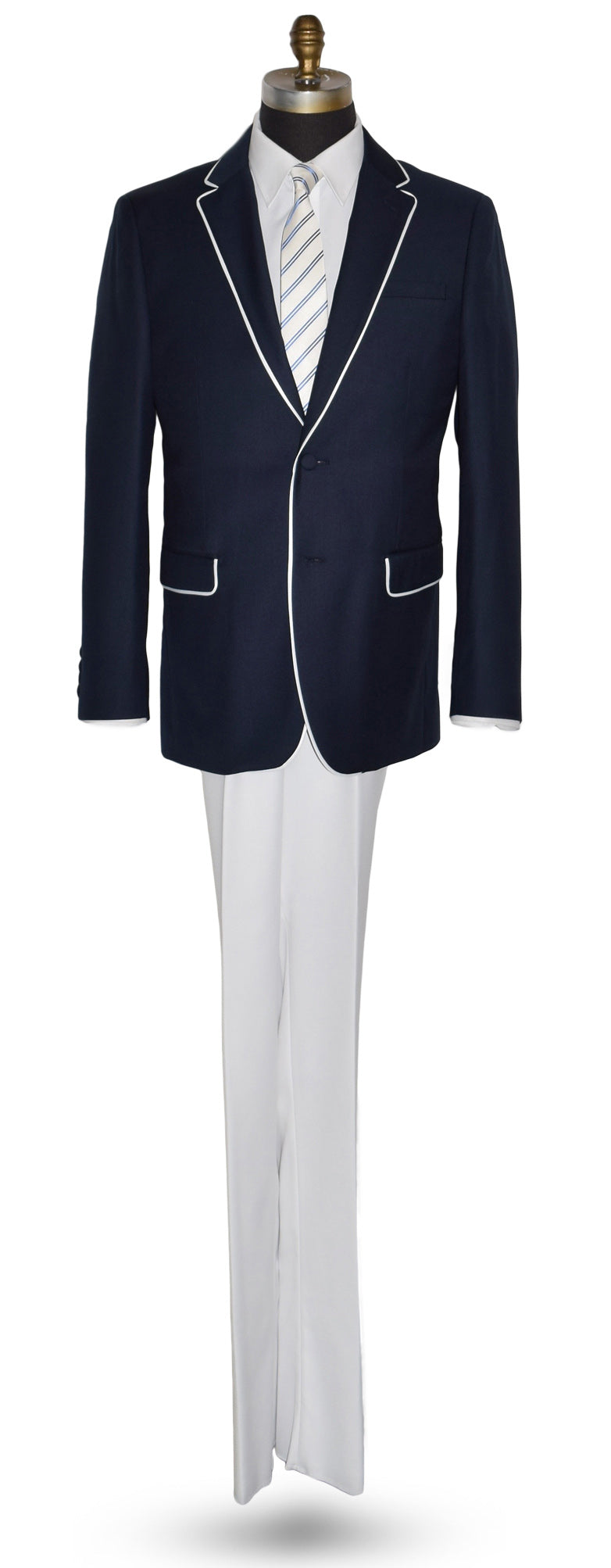 full length mannequin wearing Versace navy suit with white pants against a white background