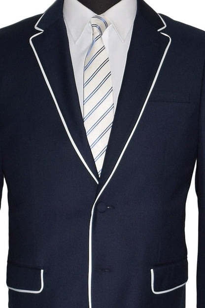 Navy suit jacket with white trim and a striped tie on a white background