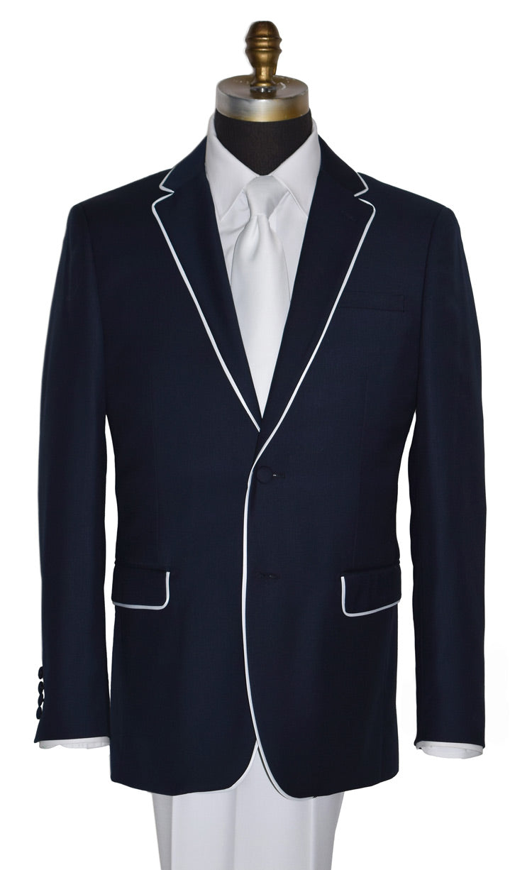 close-up Versace Navy Suit with white pants and a white long tie on a mannequin in front of a white background