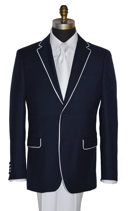 close-up Versace Navy Suit with white pants and a white long tie on a mannequin in front of a white background